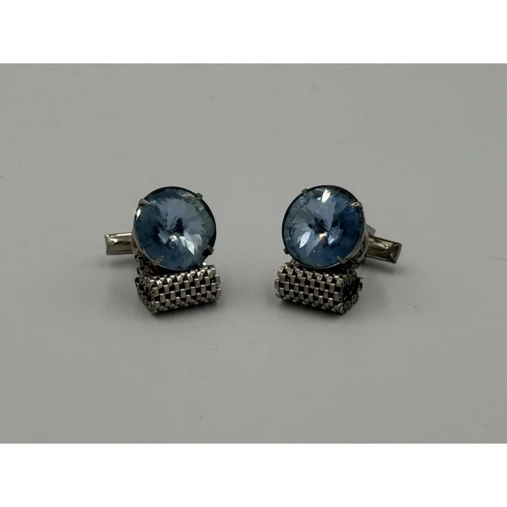 Vintage Silver-Tone Mesh Wrap Cufflinks Blue Rhinestone Round Center Mid-Century